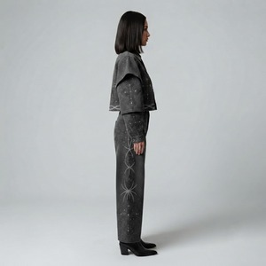 Custom <b>Rhinestone</b> Cross Black Denim <b>Jacket</b> and Pants Set Streetwear Fashion Apparel Collection Design For Unisex Comfort Wear - Product Image 6