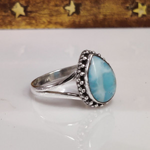 Bague Larimar en Argent Sterling 925, Pierre Précieuse Taillée Poire, Bijou de Déclaration pour Mariage, Fiançailles, Anniversaire, Sertissage Bezel - Product Image 5