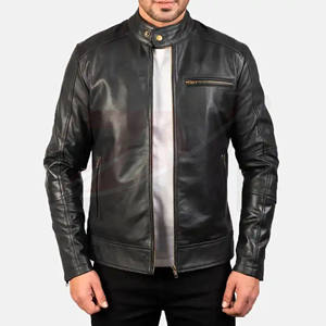 Veste en cuir véritable 100% pour homme, teinte unie, style classique décontracté, noir, en cuir de vachette, qualité supérieure, grandes tailles - Product Image 2