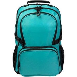 Cheerleading Printed Polyester <b>Backpack</b> Custom Teal Turquoise <b>Black</b> Trim Multi Pocket Buckle Strap Bulk Logo OEM - Product Image 1