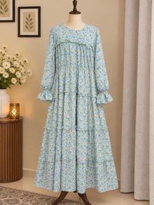 Floral Cotton Wrinkle-Free Floor-Length Maxi Dress Ruffle Tiered Casual <b>Kurti</b> <b>Women</b> Summer Ethnic Style-Georgette Chiffon Stuff - Product Image 4