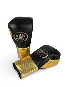 ถุงมือชกมวยประสิทธิภาพสูง No Boxing No Life Squad แบบผูกเชือก สีดำทอง หนังแท้ ปิดนิ้วเต็มรูปแบบ อุปกรณ์ฝึกซ้อม ถุงมือชกมวย - Product Image 2