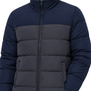 Color Block Men Puffer <b>Jacket</b> Custom Logo Two Tone Winter Warm Bubble Coat Full Zip Stand Collar <b>Navy</b> Blue Grey <b>Padded</b> <b>Jacket</b> - Product Image 3