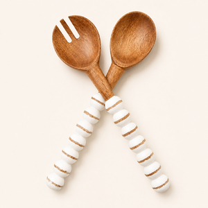 Handcrafted Mango Wood <b>Salad</b> Server Set with White Beaded Handles Eco-Friendly Wooden Serving Spoon and Fork for Kitchen Decor - Product Image 6