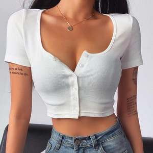 <b>Women's</b> Off Shoulder <b>Cropped</b> <b>Top</b> Short Sleeve V-Neck Solid <b>Black</b> Knitted Button Front Slim Fit Sexy Club Wear All - Product Image 4