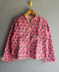Pink Floral Quilted <b>Jacket</b> <b>Mandarin</b> <b>Collar</b> Full Sleeve Cotton Hand Embroidered Autumn Wear GIFT FOR HER - Product Image 1