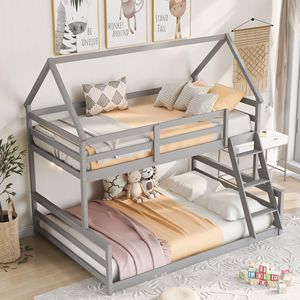 Cama litera doble sobre matrimonial color gris con escalera incorporada para niños - Product Image 1