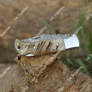 Couteau de poche pliant professionnel en acier Damas forgé à la main, qualité industrielle, ultra-affûté, avec manche en os de chameau, pour survie et usage tactique - Product Image 3