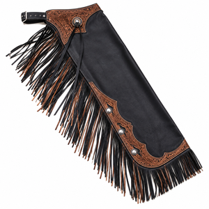 Chaps d'équitation pour femmes en cuir léger et respirant, à franges métalliques florales style western, taille haute avec cordon de serrage, pour la compétition - Product Image 3