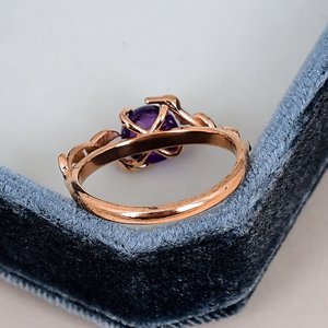 Bague pour femme en améthyste d'inspiration naturelle, argent sterling 925 massif, pierre précieuse ronde, plaqué or rose, motif feuille de vigne, bague romantique - Product Image 2