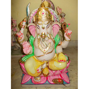 Shri Ganesh Ji <b>Stone</b> Statue Pure White Makrana God Ganesh Statue Exclusive Gold <b>Painted</b> Marble For Home And Office Decor - Product Image 3