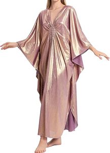 Vestido Kaftán Maxi Elegante con Brillo, Cuello en V, Manga Murciélago, Corte Holgado, Abertura Lateral, para Playa, Verano, Vacaciones y Uso en Casa - Product Image 2