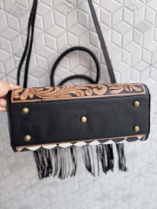 Hand Tooled Checkered Leather Fringe Tote Bag Cross-Body Large Size Western Fashion New Arrival Stylish <b>Purse</b> For Daily Use - Product Image 4