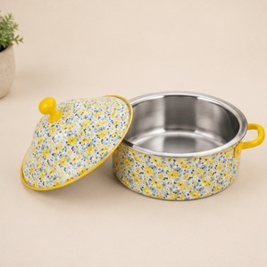 Casserole classique jaune à motifs floraux en émail, pot isotherme à double paroi en acier inoxydable, chauffe-plat vintage à motifs floraux pour la restauration - Product Image 2