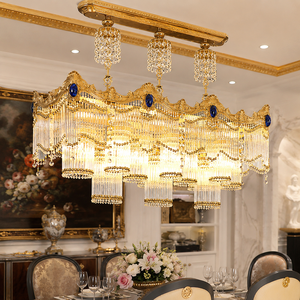 Lámpara de Araña de Cristal Dorado de Lujo con Detalles de Gemas Azules, Lámpara Colgante Rectangular para Decoración de Interiores de Villas y Hoteles - Product Image 2