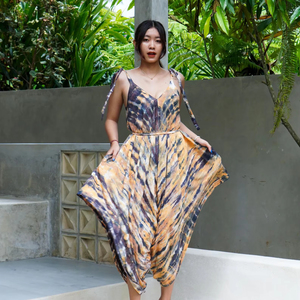 Mono informal para mujer, estilo caftán, con cuello en V, sin mangas, con tirantes, color marrón y amarillo, holgado, estilo caftán, para verano y playa - Product Image 1