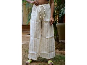 Pantalon évasé en coton de qualité supérieure pour femmes élégant décontracté Style d'été fermeture à la taille élastique tissu en soie Logo décoration plat - Product Image 3