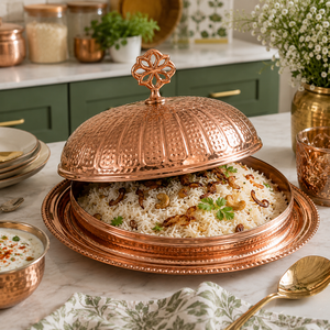 Plateau de service en cuivre martelé artisanal avec couvercle en dôme, plat de luxe pour aliments, service de buffet, restauration hôtelière - Product Image 4