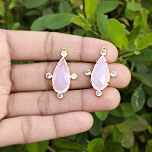 Pink Chalcedony Pear Stone <b>Earring</b> Connector Single Bail Tiny White Cubic Zirconia Accents 18k Gold Plated Brass Prong Set - Product Image 3