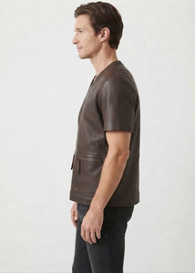 Camiseta de Diseño para Hombre, Cuello en V, Manga Corta, Cuero Vacuno Genuino, Estilo Casual, con Doble Bolsillo Frontal, Cuero Suave - Product Image 6