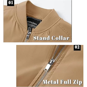 <b>Men's</b> <b>Khaki</b> Bomber Jacket Solid Color Zipper Closure Casual Windproof Polyester Stand Collar Regular Fit Winter Wear Front - Product Image 3