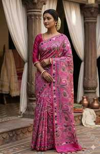 Sari de seda pura Bishnupuri con estampado tradicional para mujer, color rosa paisley, para usar en bodas y fiestas. - Product Image 1