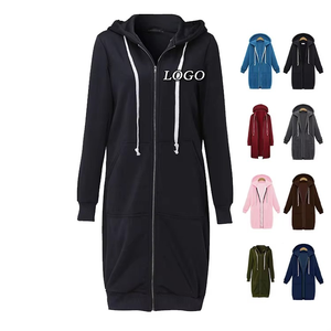 Robe longue à capuche pour femme, couleur unie, manches longues, fermeture éclair, décontractée, pour l'automne, noire, 100% coton tricoté - Product Image 1