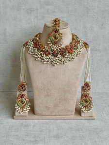 Multicolour Brass <b>Pearl</b> Necklace and Earrings <b>Set</b> with Sahare Jhumkis Tikka Gold Plated Ethnic Jewelry for Women's Gift Fashion - Product Image 5
