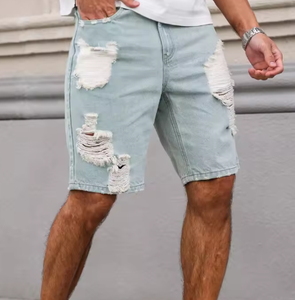 Shorts en jean déchiré bleu clair pour homme, style décontracté d'été, coupe droite ample, streetwear - Product Image 3
