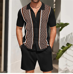 Men's Breathable 2-Piece <b>Knitted</b> <b>Set</b>-Short Sleeve Solid Shirt and Shorts Casual Summer Beach Wear 100% Polyester - Product Image 2