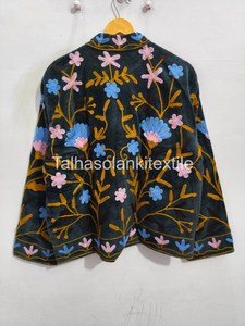 Women's Velvet Blazer Hand Embroidered Floral Pattern Mandarin Collar Full Sleeve Autumn <b>Coat</b> - Product Image 2