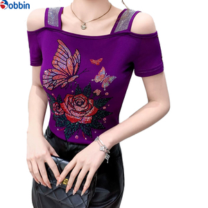 Camiseta de mujer personalizada con hombros descubiertos, negra lisa, con manga corta de pedrería, cuello cuadrado, ajuste ceñido, top de primavera-verano - Product Image 6