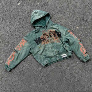 Sudadera con capucha deportiva Nesta, fabricada con tejido de algodón de 500 g/m², estilo oversize unisex, con cremallera, lavado ácido, estampado de tinta blanca y pedrería. - Product Image 6
