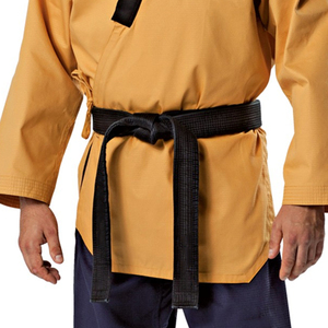Uniforme de Taekwondo Premium Personalizado para Hombre, Top Dorado, Pantalones Azul Marino, Dobok, Traje de Entrenamiento de Artes Marciales, Venta al Por Mayor OEM - Product Image 4
