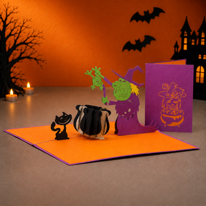 Tarjeta Pop-Up 3D de Bruja de Halloween Personalizada, Caldero de Gato Negro, Tarjeta de Felicitación Hecha a Mano al por Mayor, Fabricante OEM/ODM de Artesanía en Papel - Product Image 1