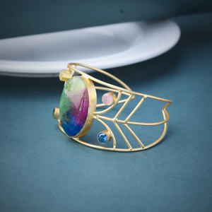 Hand made Multicolor Oval <b>Stone</b> Gold Plated Cuff <b>Bracelet</b> – Statement Wire Bangle - Product Image 2
