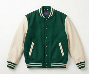 Veste universitaire verte pour homme, manches crème, boutonnée, décontractée, coupe classique, col rabattu, couleur unie, pour l'automne - Product Image 1
