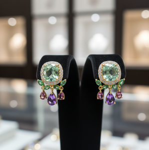 Pendientes de Amatista Verde con Corte Cojín de 10 mm, Multicorales con Circonitas, 12 g, Plata de Ley 925, Chapados en Oro de 18 Quilates, Pendientes Pequeños, Regalo para Mujer - Product Image 3