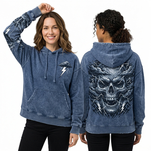 Sweat-shirt à capuche personnalisé bleu délavé pour femme, imprimé graphique squelette blanchi, effet vieilli, motif zombie, coupe oversize en polaire - Product Image 3
