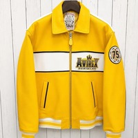 Blouson bomber jaune pour homme Avirex, logo brodé, col rabattable, fermeture éclair, cuir PU imperméable, hiver