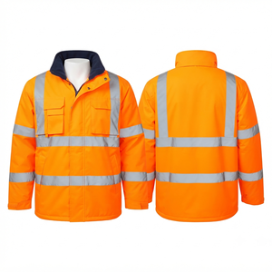300 GSM Heavy Duty Polyester/Cotton Winter Washed <b>Canvas</b> Safety Hooded Waterproof Breathable Work <b>Jacket</b> Orange Reflective Panel - Product Image 2