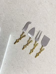Stainless Steel Cheese Utensil Set 4 Piece Serving Tools Kitchen Cutlery with Gold <b>Branch</b> Handles - Product Image 3