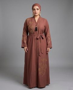 Elegante Abaya Marrón con Cuentas, Cuello en V, Manga Larga, Vestido Maxi Modesto para Mujer, Talla Grande, Estilo de Medio Oriente, Algodón, Corte Holgado - Product Image 2