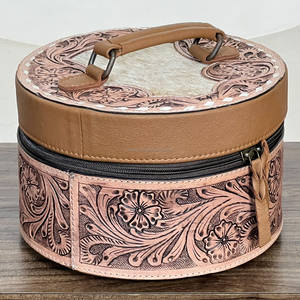 Vintage Floral Cowhide Full Hand Tooled <b>Leather</b> Round <b>Jewelry</b> <b>Box</b> Floral Embossing Vintage Style Durable <b>Jewelry</b> Storage Case - Product Image 4