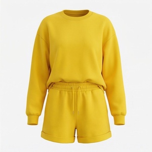 Ensemble de survêtement jaune 2 pièces pour femme, col rond, manches longues, short, coupe ample, décontracté, couleur unie, tricoté en coton, printemps-été - Product Image 1