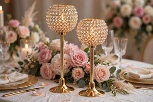 Ensemble de 2 bougeoirs en cristal doré, décoration de table de mariage de luxe, bougeoirs à bougies tealight dorés et brillants - Product Image 4