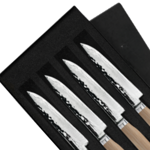 Ensemble de 4 couteaux à steak en acier martelé, lames tranchantes avec manches en bois blond, coffret cadeau pour la découpe de viande de bœuf à la table - Product Image 4