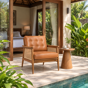 Solid Wood Rattan Accent Chair Tufted Upholstered <b>Single</b> Seat Leisure <b>Armchair</b> for Balcony Living Room Hotel - Product Image 1