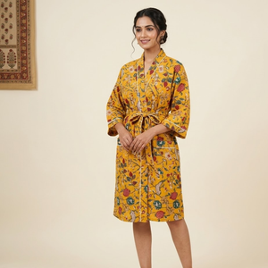 Bata kimono de algodón con estampado floral amarillo mostaza para mujer, de manga larga, para estar en casa, con cinturón y bolsillos frontales - Product Image 4