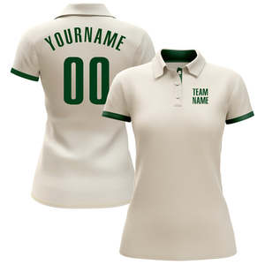 Polo personnalisé à manches courtes pour homme, couleur crème, bordure verte, nom et numéro imprimés - Product Image 2